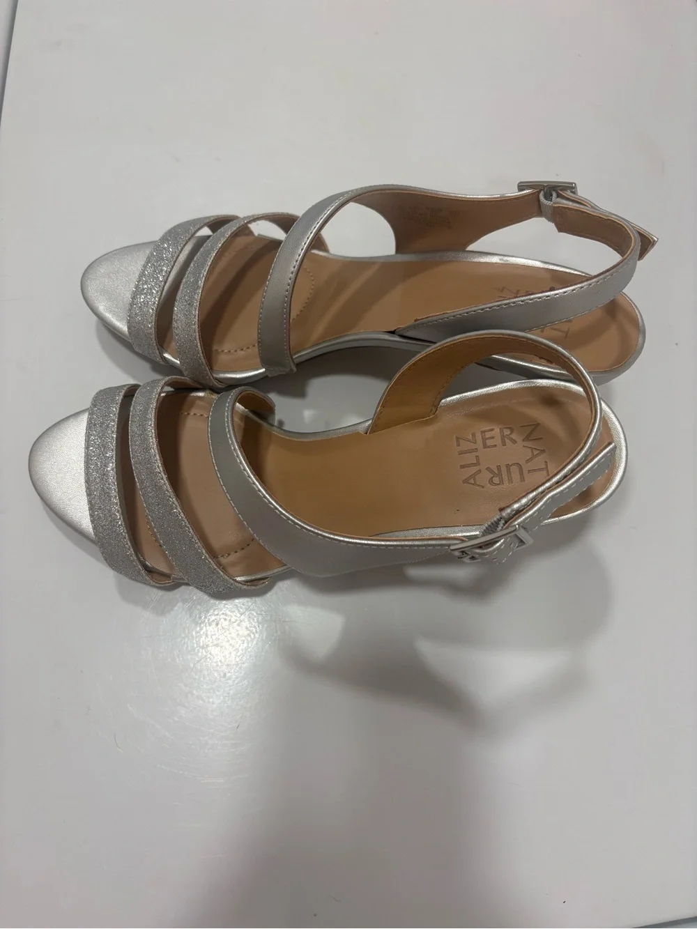 Naturalizer Silver Glitter Strappy Mid-Heel Sandals